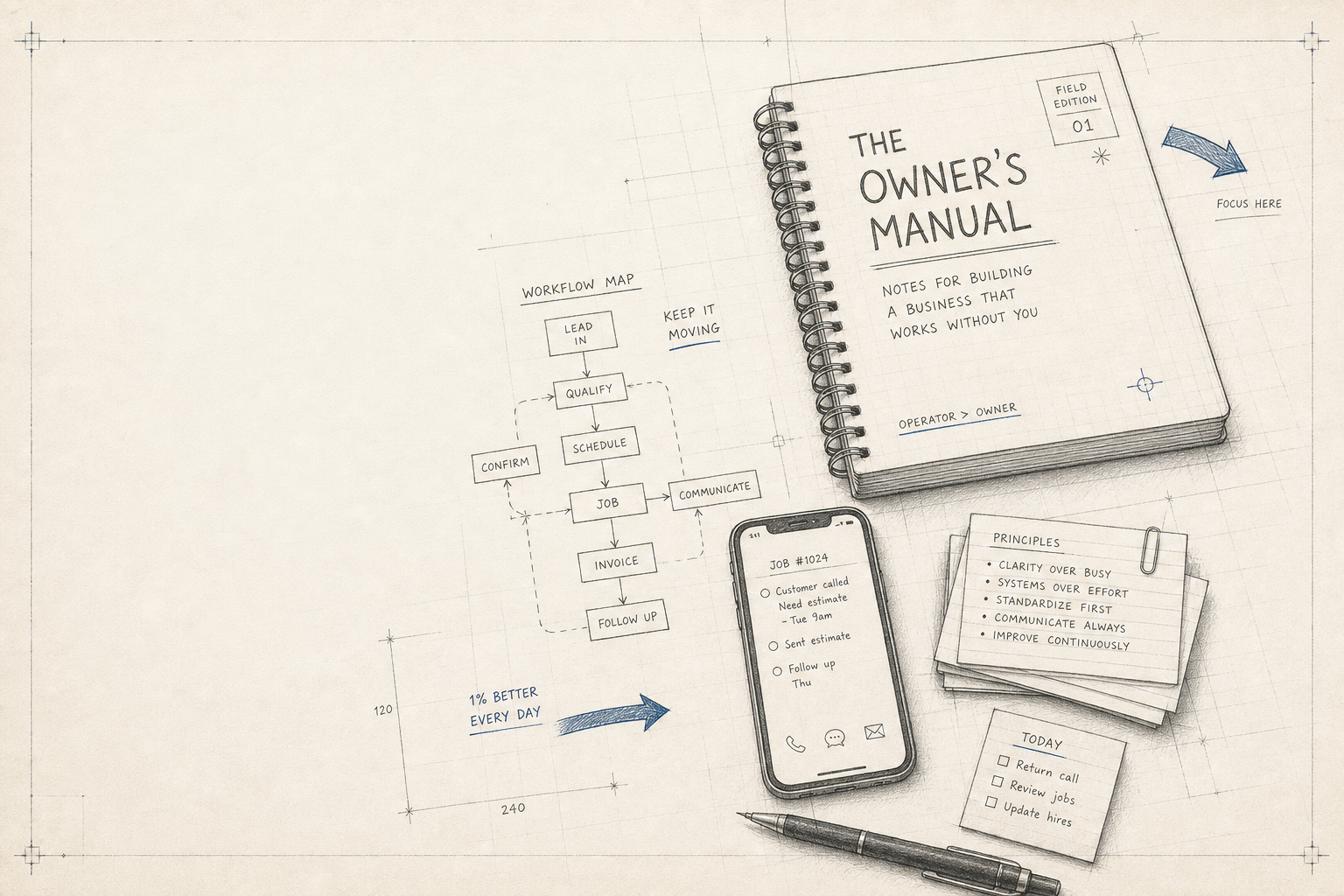 Pencil drawing of The Owner's Manual notebook, workflow sketches, and technical notes on a workbench.