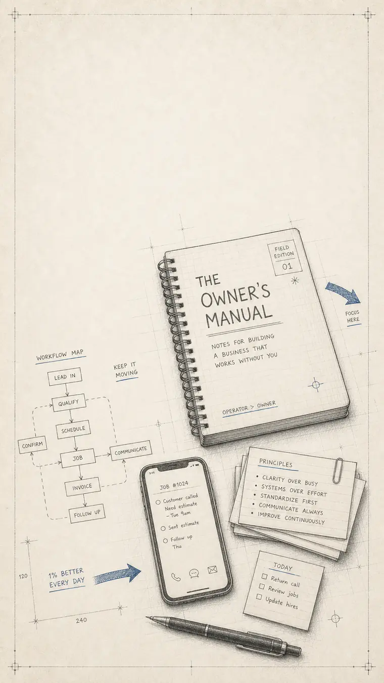 Pencil drawing of The Owner's Manual notebook, workflow sketches, and technical notes on a workbench.